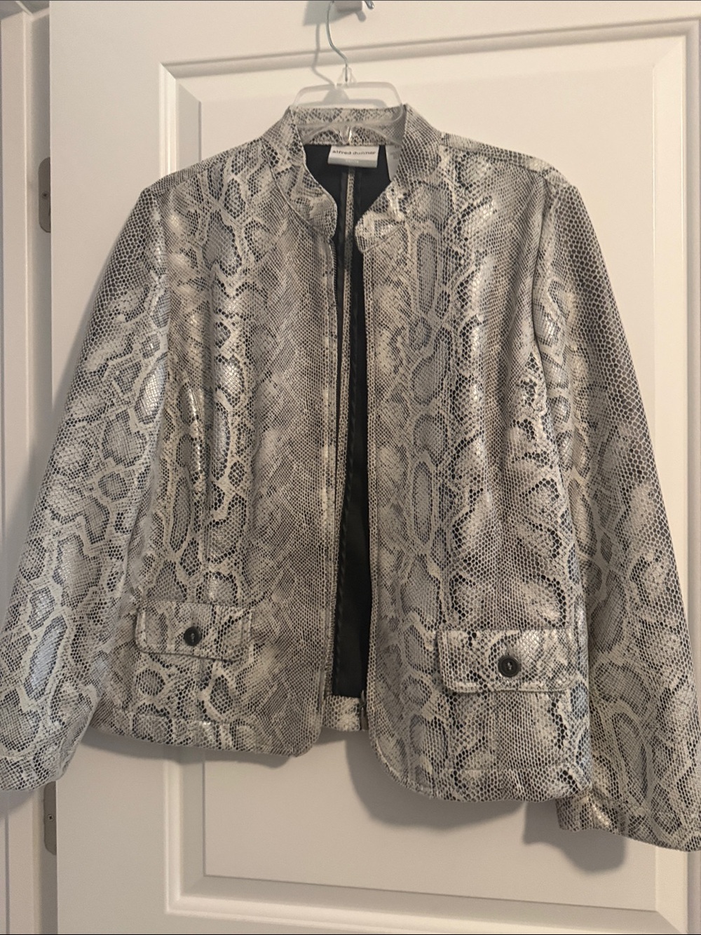 Alfred Dunner Silver Snake-Print Bomber Jacket